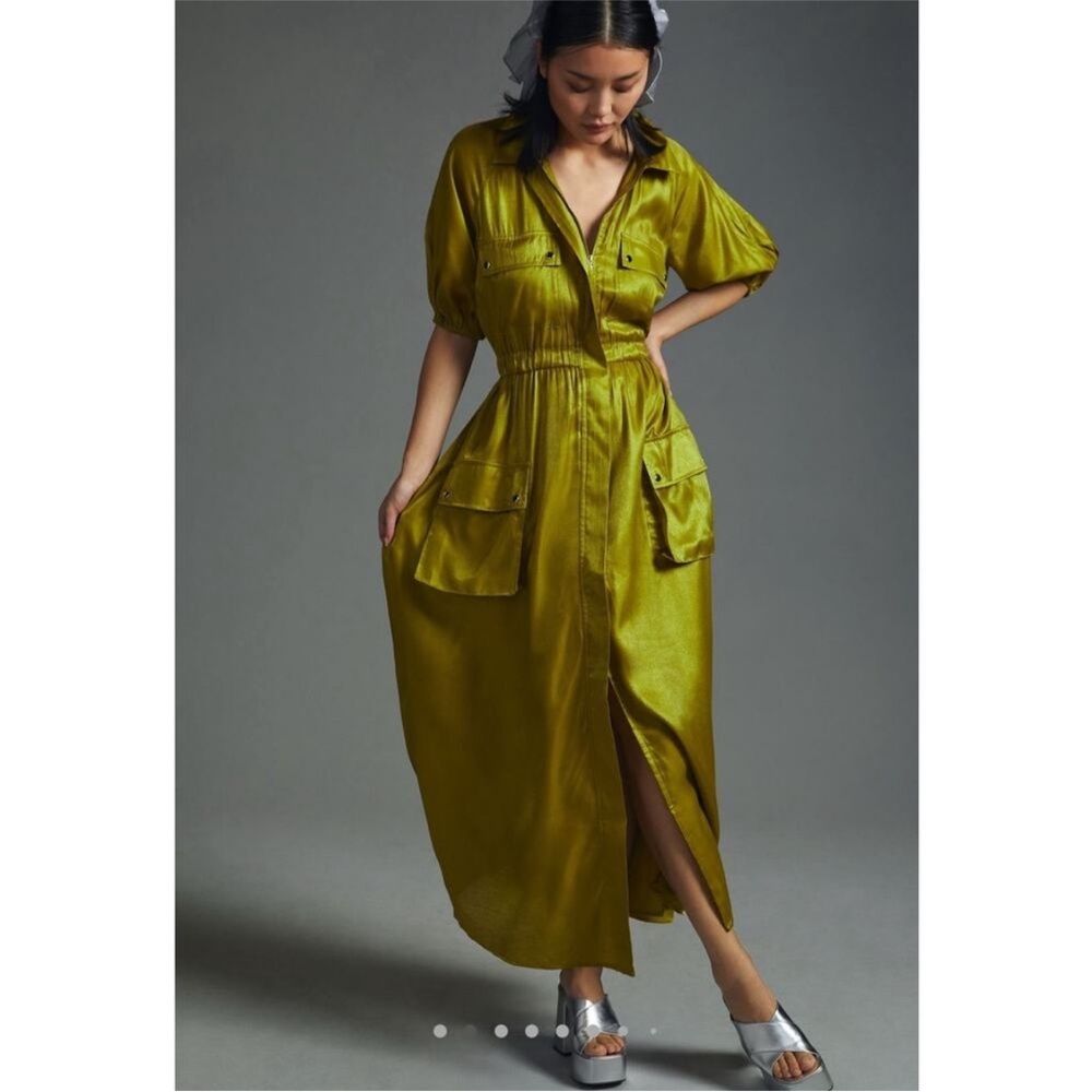 Anthropologie Samant Chauhan Chartreuse Metallic  Shirt Dress Petite Medium PM